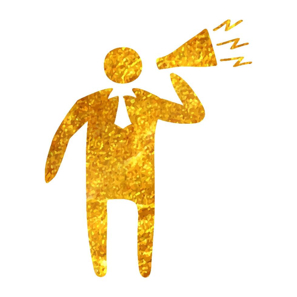 Hand gezeichnet Geschäftsmann Lautsprecher Symbol im Gold vereiteln Textur Vektor Illustration