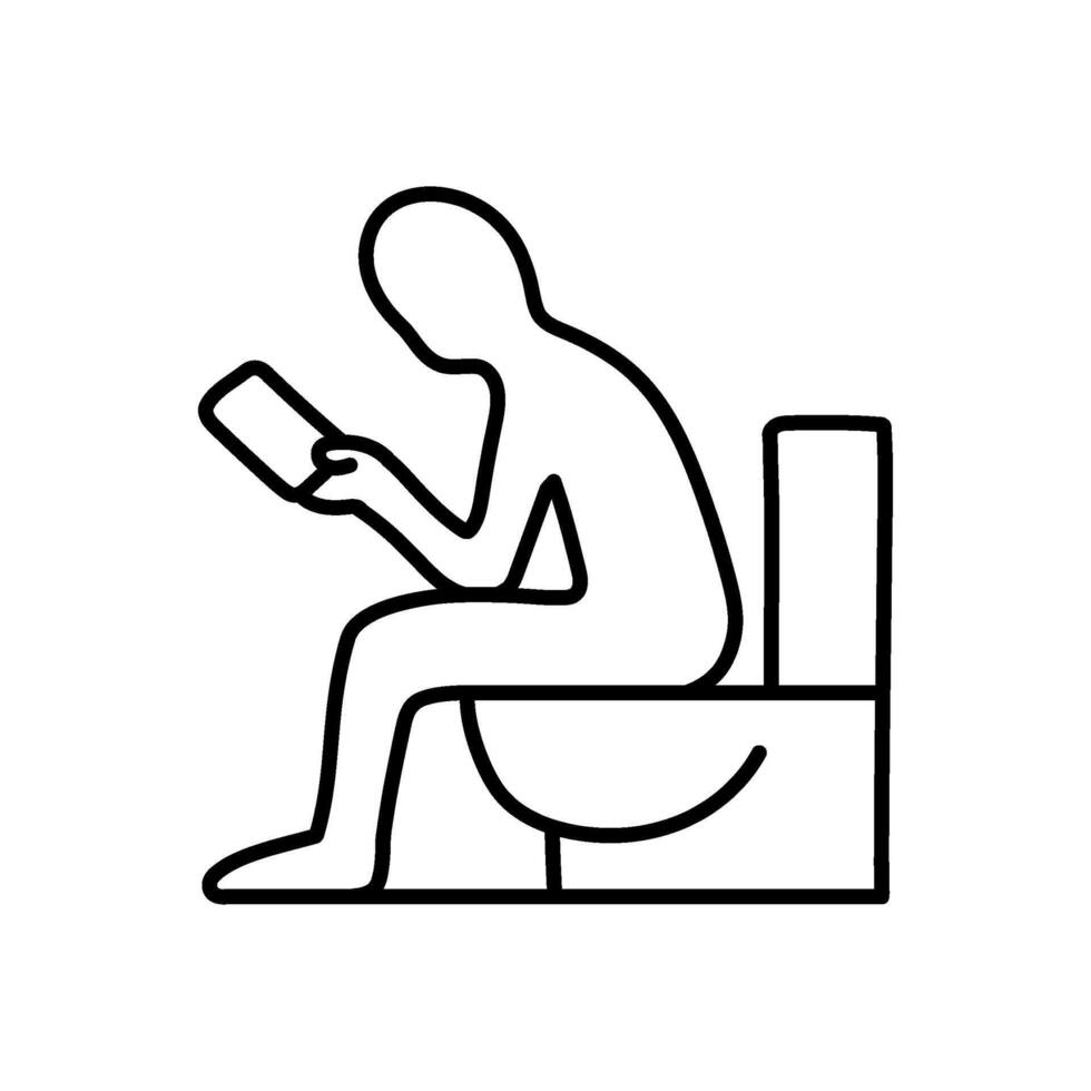 Mann Sitzung im Toilette und halten Clever Telefon Symbol. Hand gezeichnet Vektor Illustration. editierbar Linie Schlaganfall.