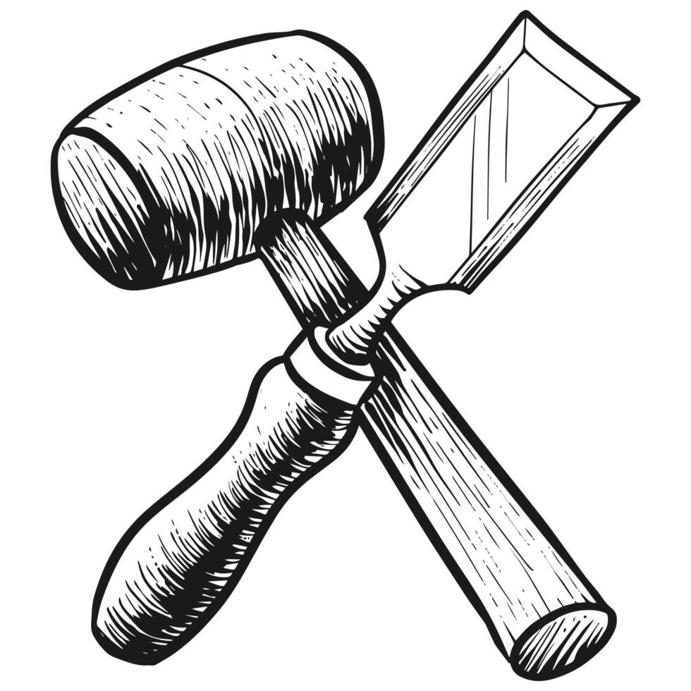mejsel och klubba ikon i skiss stil. träbearbetning verktyg vektor illustration.