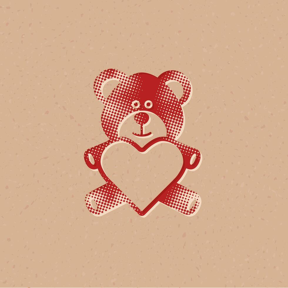 Teddy halten Herz gestalten Halbton Stil Symbol mit Grunge Hintergrund Vektor Illustration