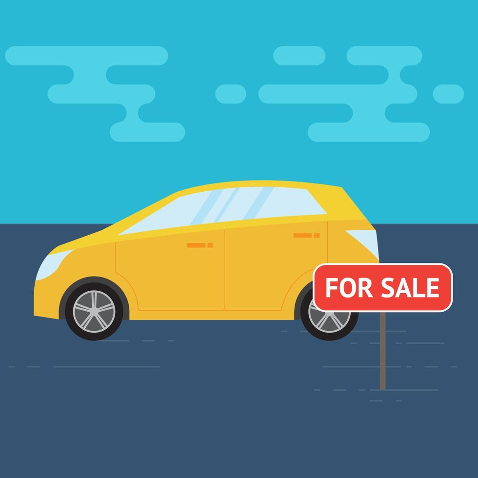 gul bil och försäljning tecken. vektor illustration.