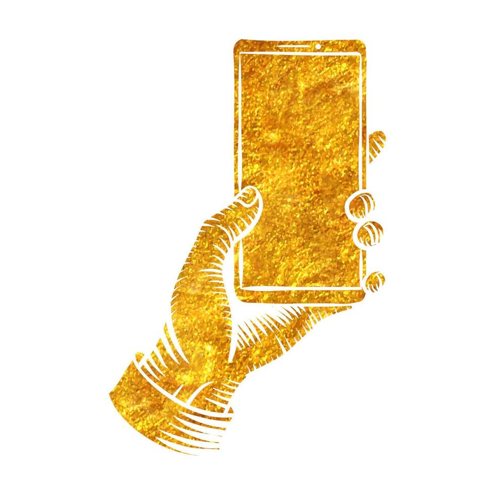 Hand gezeichnet Hand halten Clever Telefon Vorlage Jahrgang skizzieren im Gold vereiteln Textur Vektor Illustration