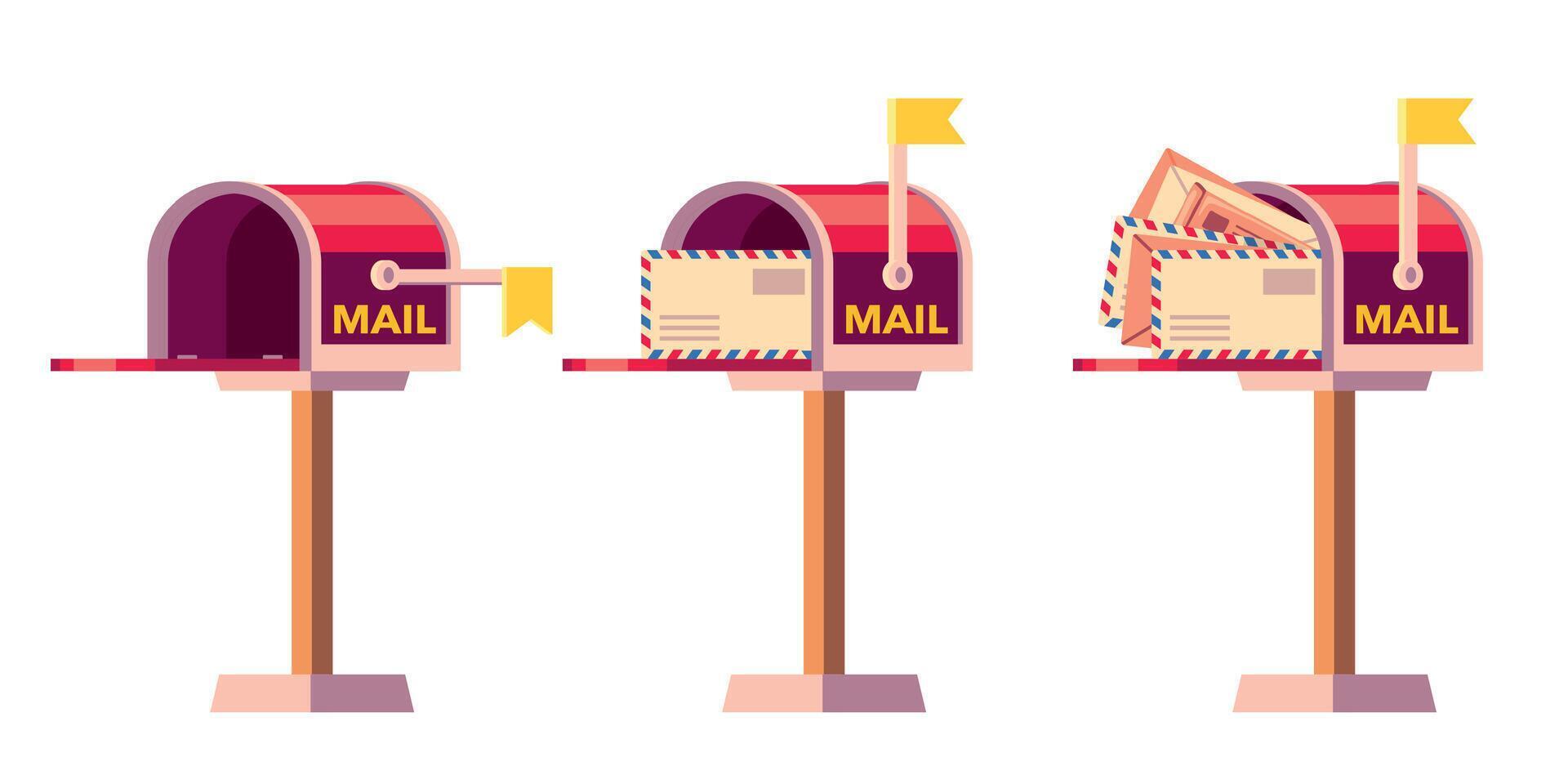 voll Briefkasten. leeren Briefkasten, Mail Container mit Brief, Briefkasten mit viele Umschläge, Post- Bedienung Mailing Konzept eben Stil. Vektor Karikatur einstellen