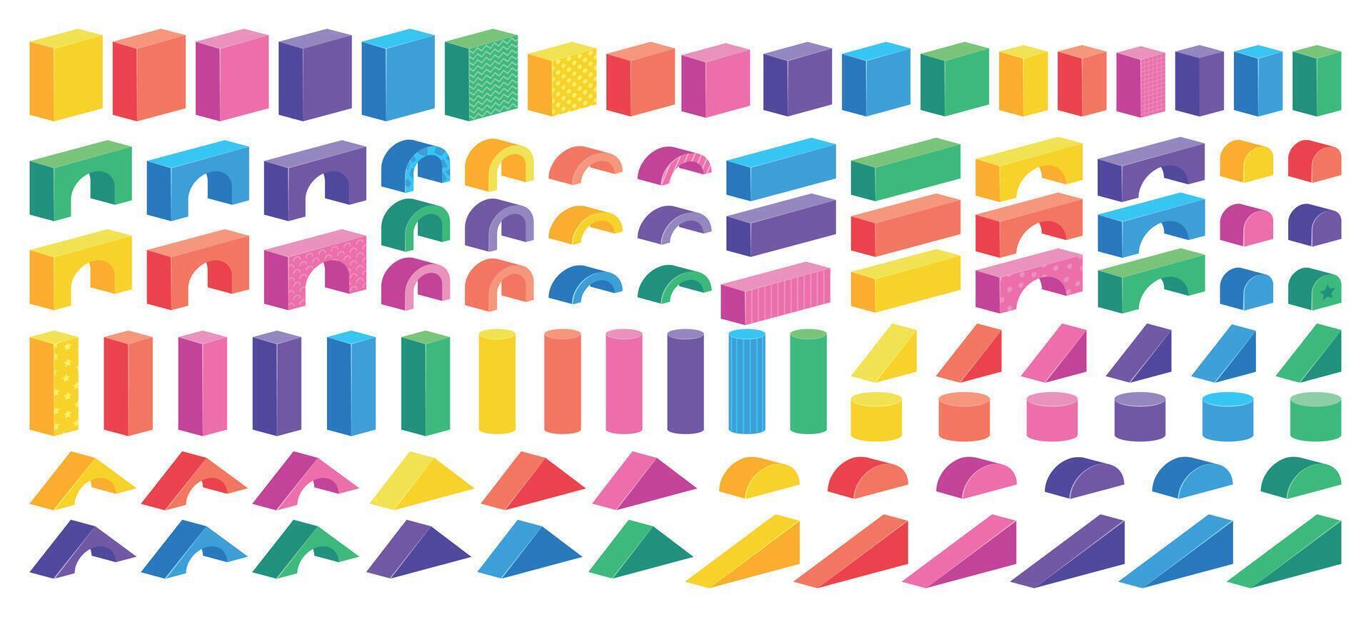 isometrisk blockera konstruktör. tecknad serie färgrik byggnad pussel för barn, plast kuber cylindrar och kottar. vektor barn konstruktion tegelstenar uppsättning