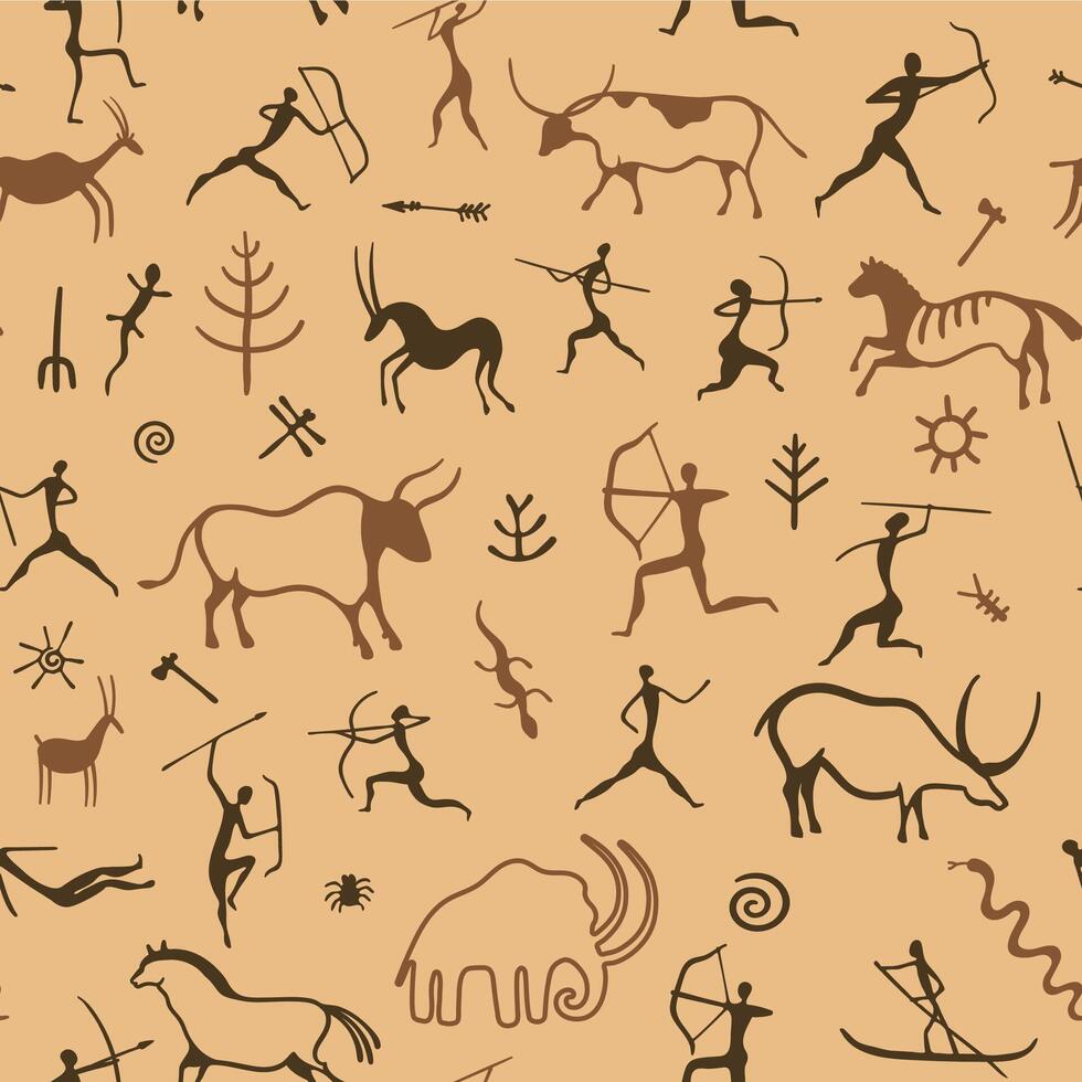 Höhle Gemälde Muster. nahtlos drucken von Primitive uralt Zeichnung von Jagd Männer, prähistorisch Tiere und Muster. Vektor Zier Textur