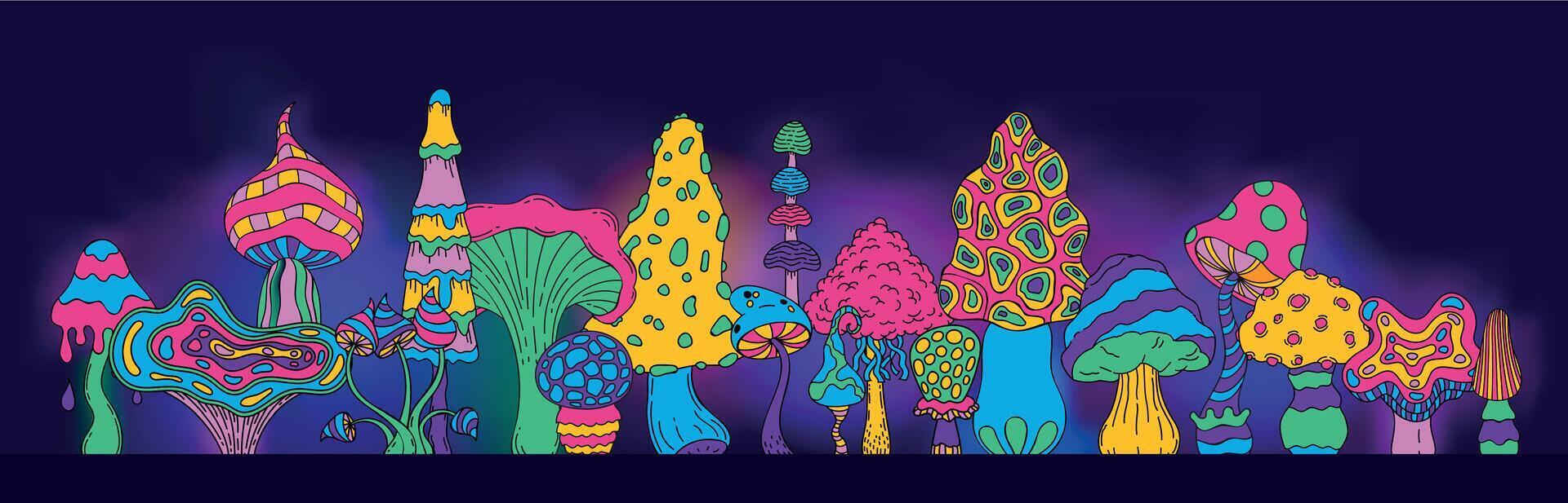 trippy Pilz Hintergrund. Acid psychedelisch Magie Hintergrund mit bunt Fee Wald Pflanzen, Fee Psilocybin Trance Konzept. Vektor Illustration