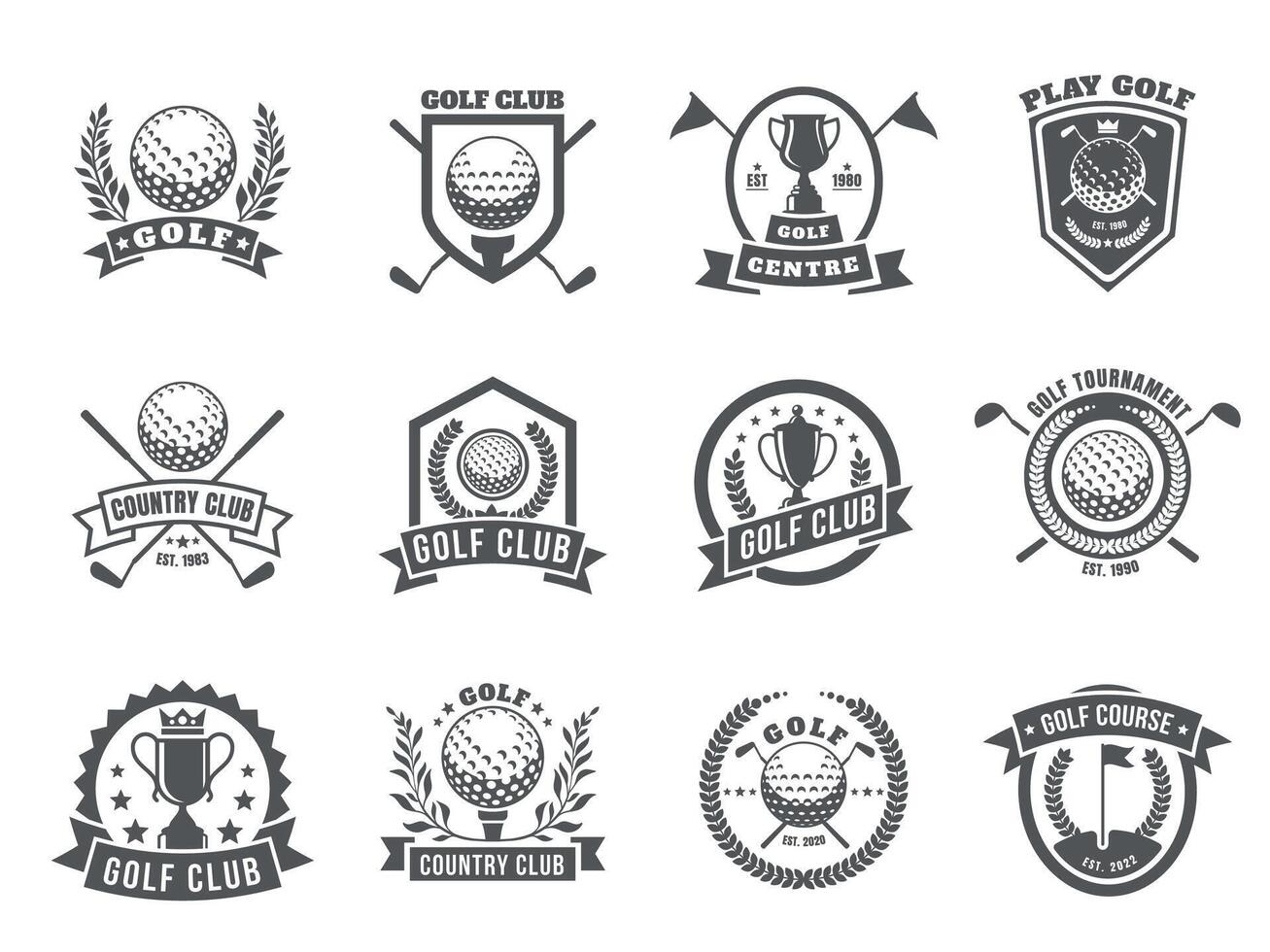 Golf Logo. Emblem Abzeichen mit Golf Vereine und Bälle zum Kurs Emblem, retro Land Verein Abzeichen mit Tee und Ball. Vektor isoliert einstellen
