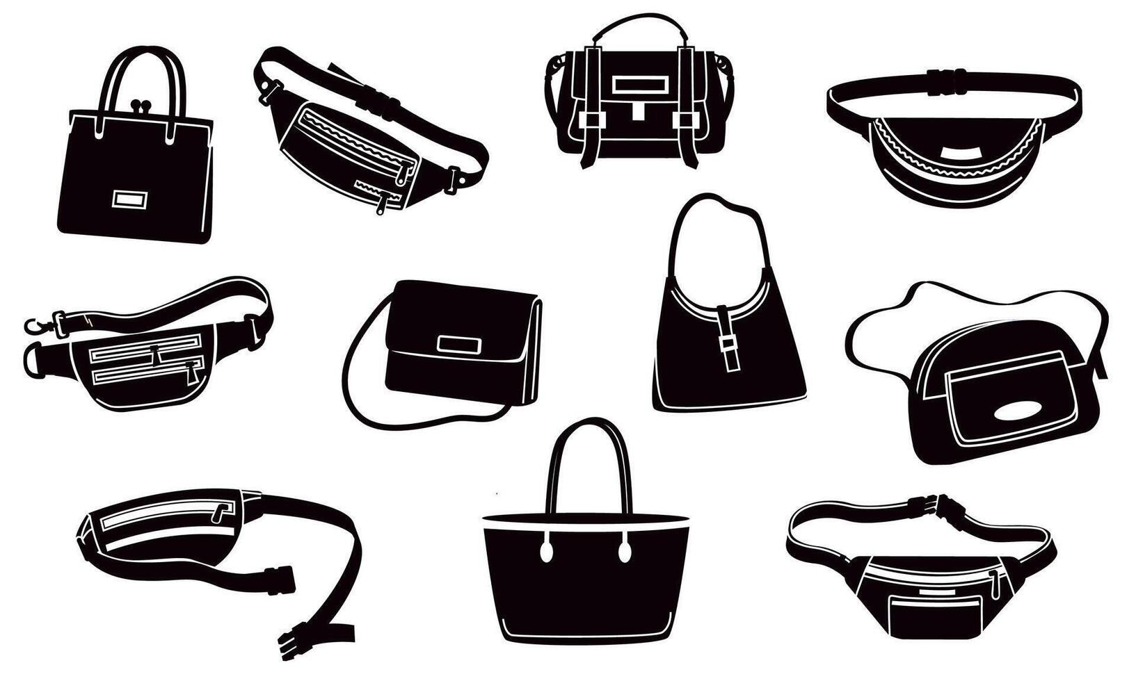 Handtasche Silhouetten. Luxus schwarz Geldbörse und Zubehör, Mode Handtasche einstellen zum Geld, Brieftasche und Telefon. Vektor Mode Tasche Sammlung