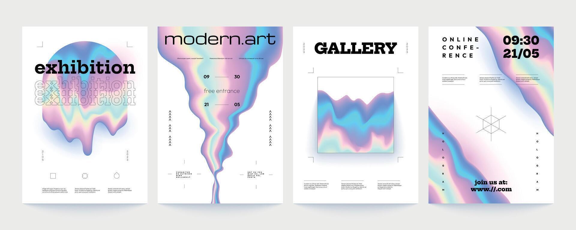 Hologramm Formen Banner. modern abstrakt Plakate mit kosmisch geometrisch Formen, retro futuristisch glänzend Flüssigkeit Sci-Fi Formen zum Etikette und Startseite Design. Vektor einstellen