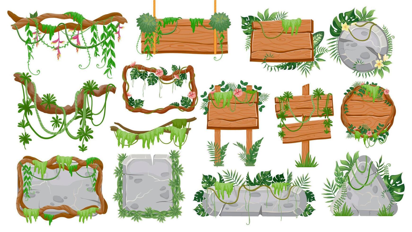 Urwald hölzern und Stein Zeichen. tropisch Spiel ui Elemente, Schilder, Tafeln, Rahmen, Grenzen und Tasten mit Lianen und Blätter Vektor einstellen