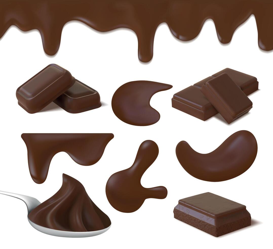 realistisk choklad grädde pölar, kakao Smör och bar bitar. mörk choklad virvla runt på sked, flytande glasyr gräns och smälta släppa vektor uppsättning