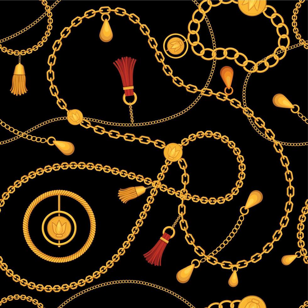 gyllene kedjor sömlös mönster. skriva ut med kedja bälte, guld halsband, juvel armband med hängsmycke och tofs. lyx mode vektor prydnad