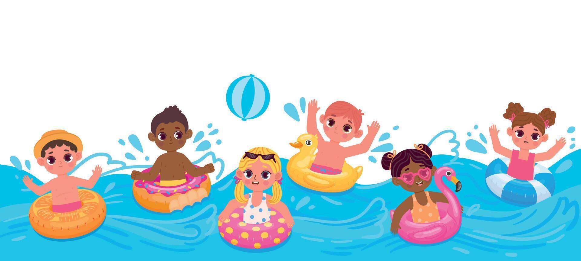 Karikatur Kinder mit aufblasbar Ringe Schwimmen auf Meer Wellen. Schwimmbad Volleyball. Kinder genießen Sommer- Strand Wasser schwimmen Aktivität Vektor Konzept