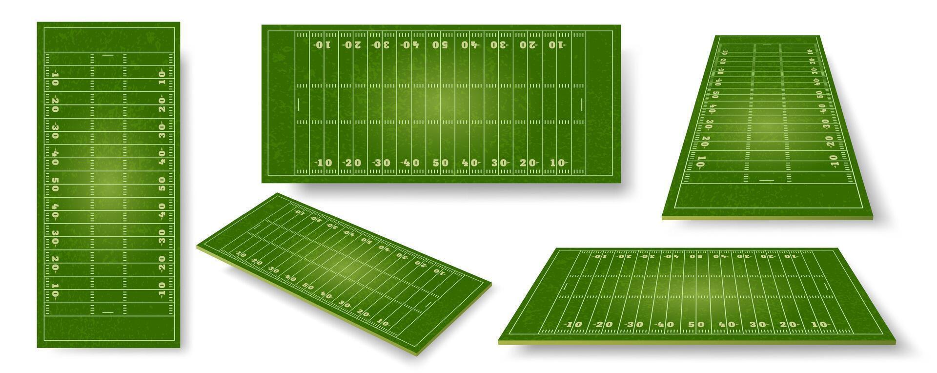 amerikan fotboll fält. realistisk boll sport kasta sheme med zon markeringar. stadion gräs domstol perspektiv, sida och topp se vektor uppsättning