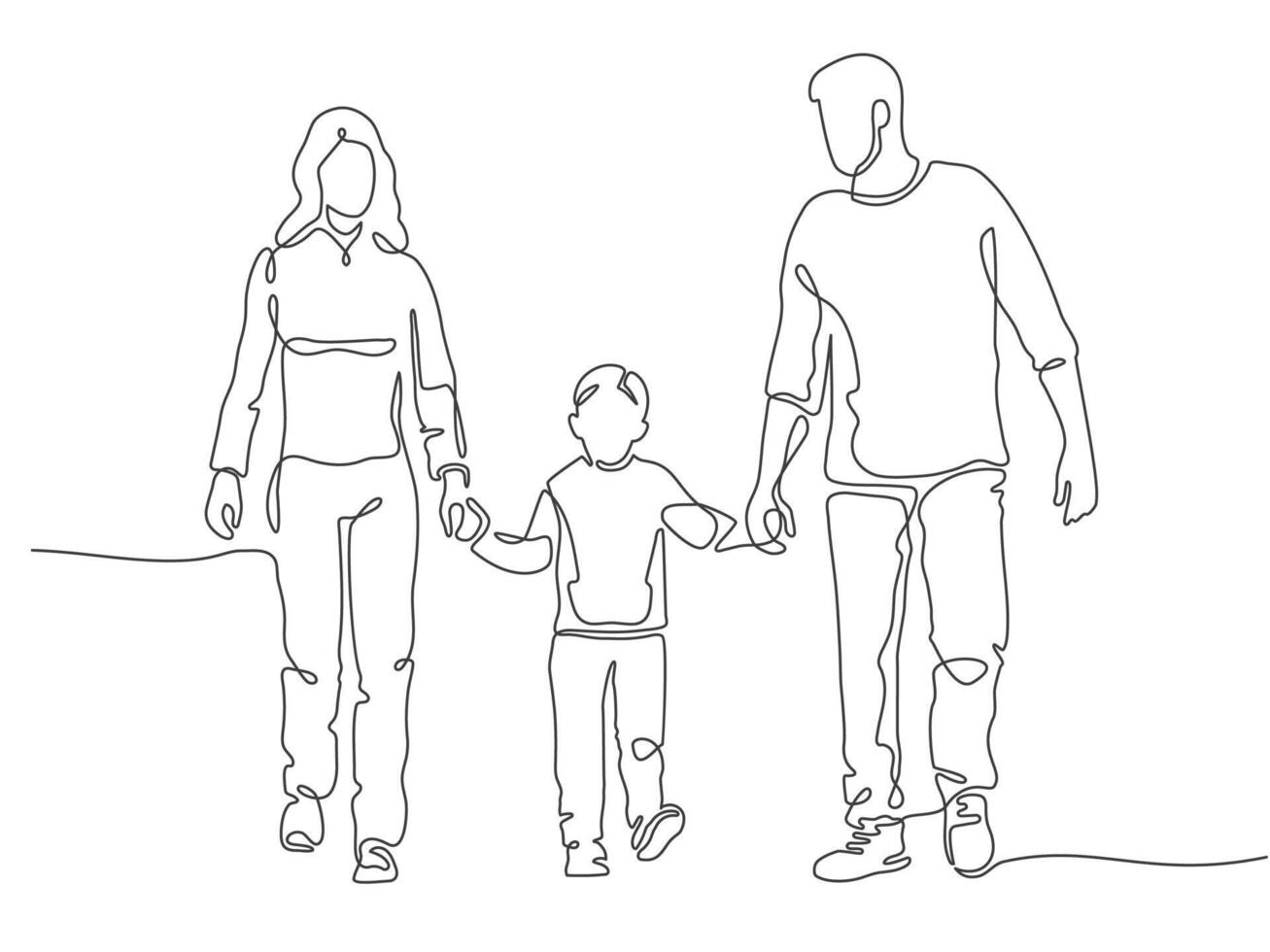 kontinuierlich Linie Familie. glücklich Mutter, Vater und Kind gehen. linear Silhouette von Paar mit Kind. Familie schützen Gliederung Vektor Konzept