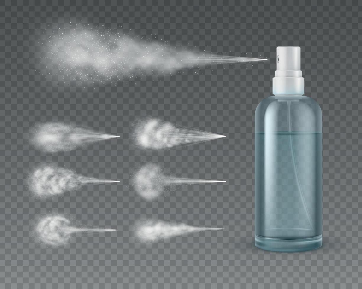 realistisch sprühen Flasche mit Jet. kosmetisch Plastik Wasser Aerosol Sprühen Nebel Wolken. Deodorant oder Hautpflege Produkt Paket 3d Vektor Attrappe, Lehrmodell, Simulation
