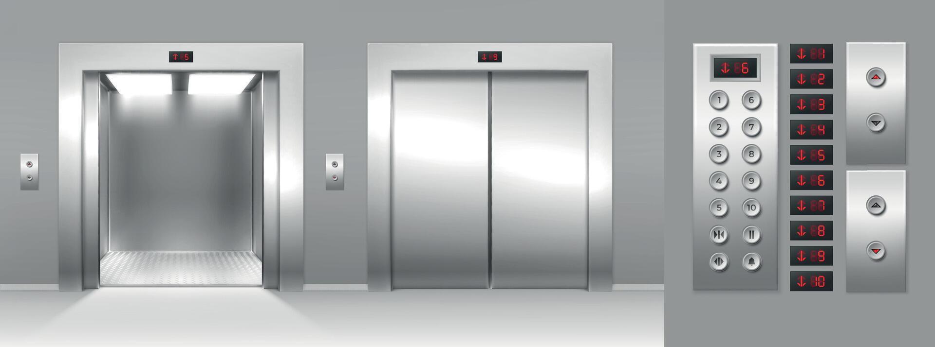 realistisk öppen och stänga hiss, knappar och golv siffra visa. 3d hiss metall grindar och inuti panel. frakt hissar stuga vektor uppsättning