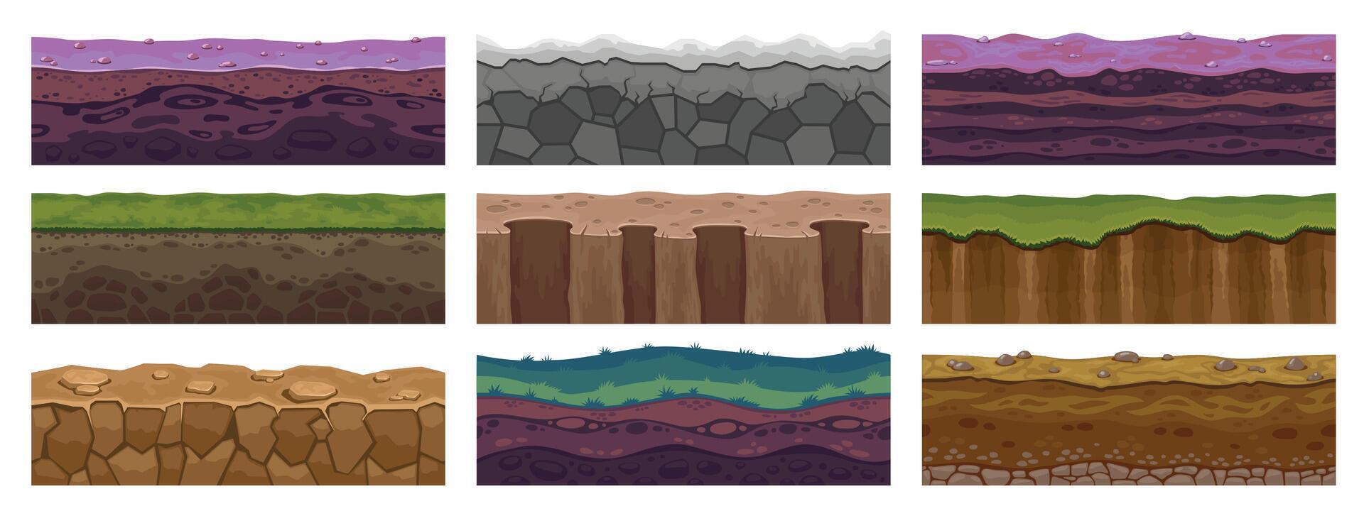 spel jord tillgång. sömlös förgrund golv av stenar stenar smuts och gräs, horisontell mönster för spel nivå av sand öken- och ängar. vektor textur uppsättning