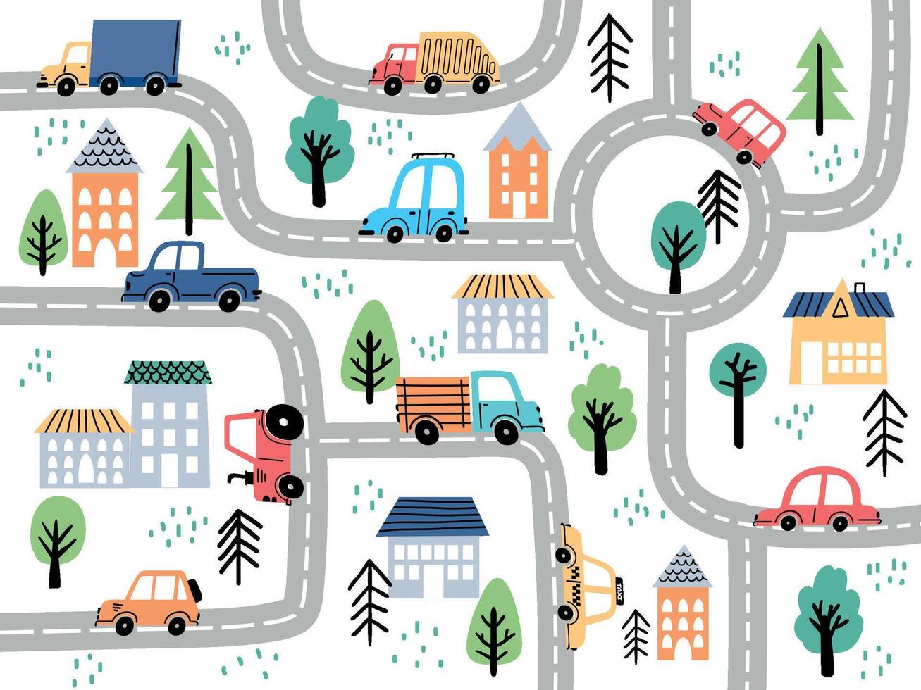 barn stad Karta med vägar och bilar för barn barnkammare dekor. by eller stad gata labyrint för matta. tecknad serie styrelse spel vektor bakgrund