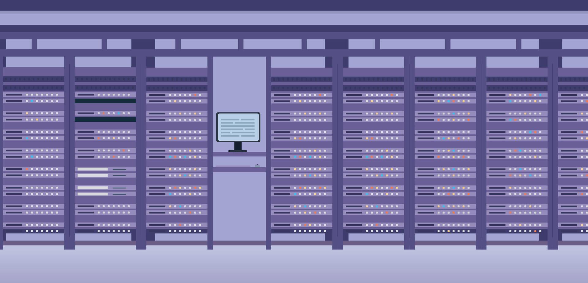 Hosting Daten Center und Server System Zimmer Innere. eben Hardware- Technologie Ausrüstung Gruppe. Netz Datenbank physisch Lager Vektor Szene