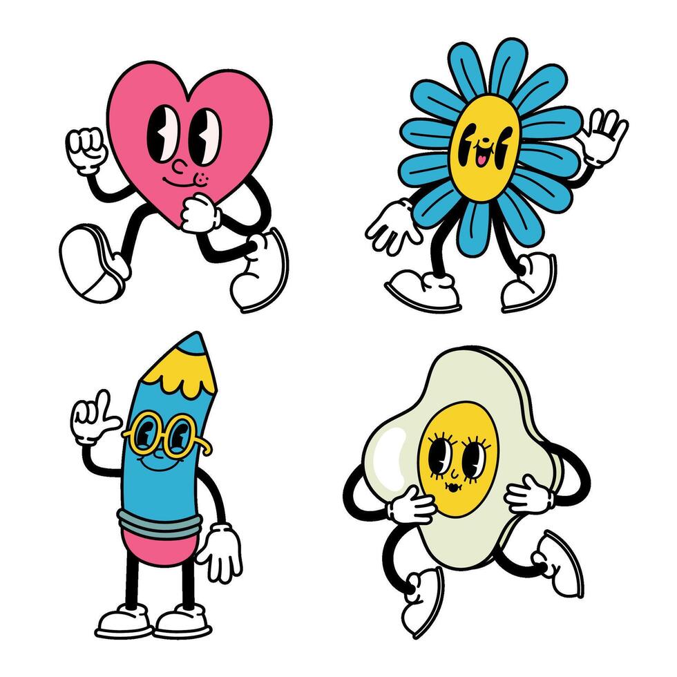 trendig abstrakt tecknad serie. komisk hjärta, blomma, penna och ägg med glad ansiktsbehandling uttryck, vapen och ben vektor
