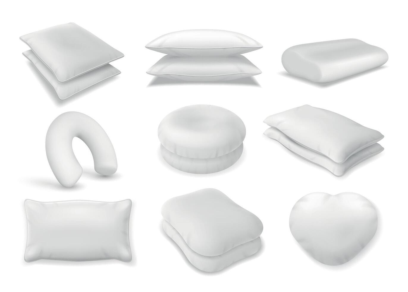 3d realistisch Hals Kissen und Sofa Kissen Attrappe, Lehrmodell, Simulation. flauschige Nackenrolle Haufen, Herz Sitzsack oben Sicht. Sanft orthopädisch und Reise Kissen Vektor einstellen