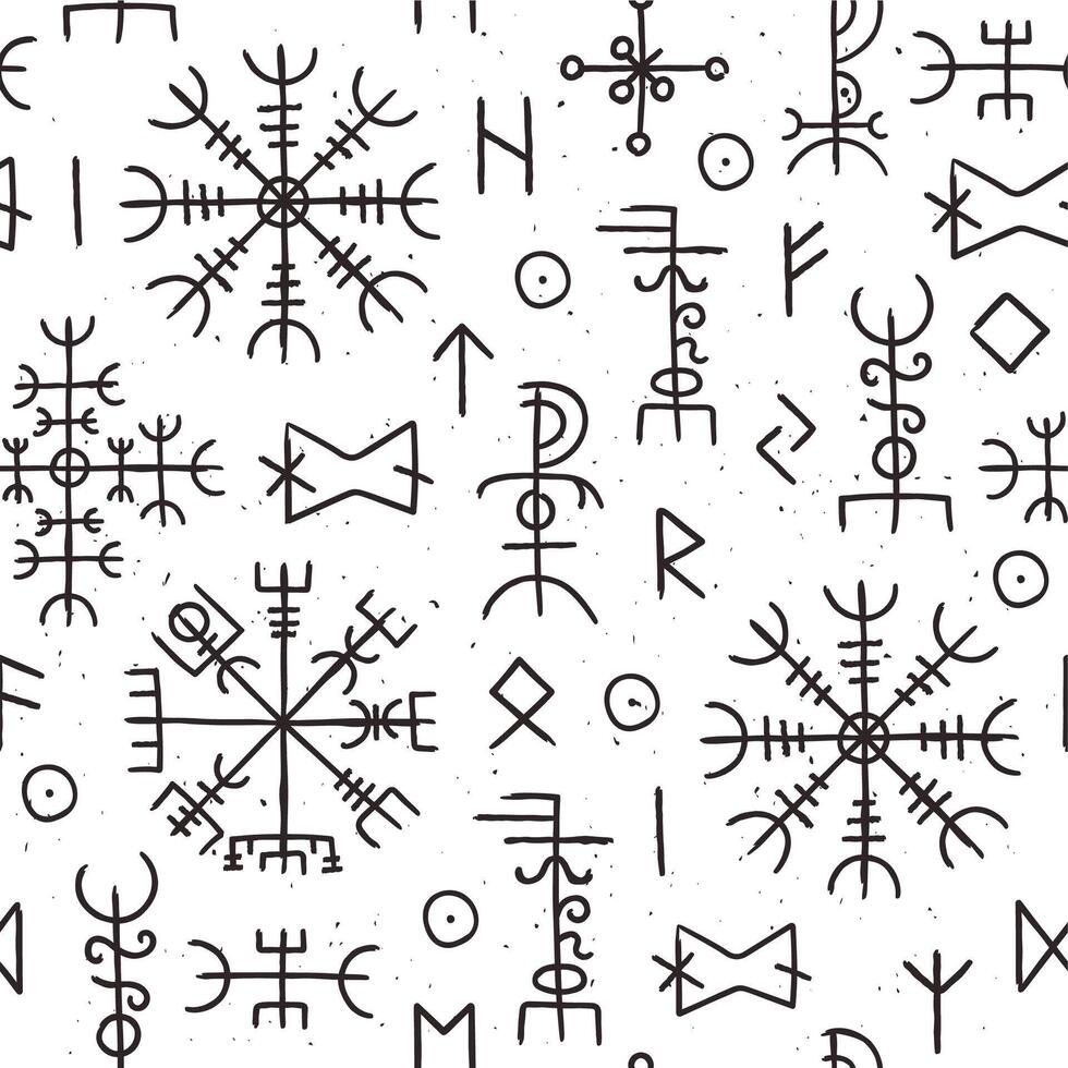 futhark runor sömlös mönster. Nordisk viking ockult symbol design. island esoterisk och magi gammal run- tecken. gammal nordic vektor textur