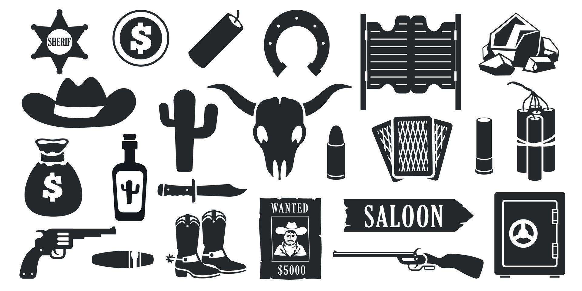 wild Westen schwarz Symbole. Western amerikanisch Cowboy Silhouetten mit Kaktus Gitarre Dynamit Bandit Revolver, einfach einfarbig Design Elemente. Vektor einstellen