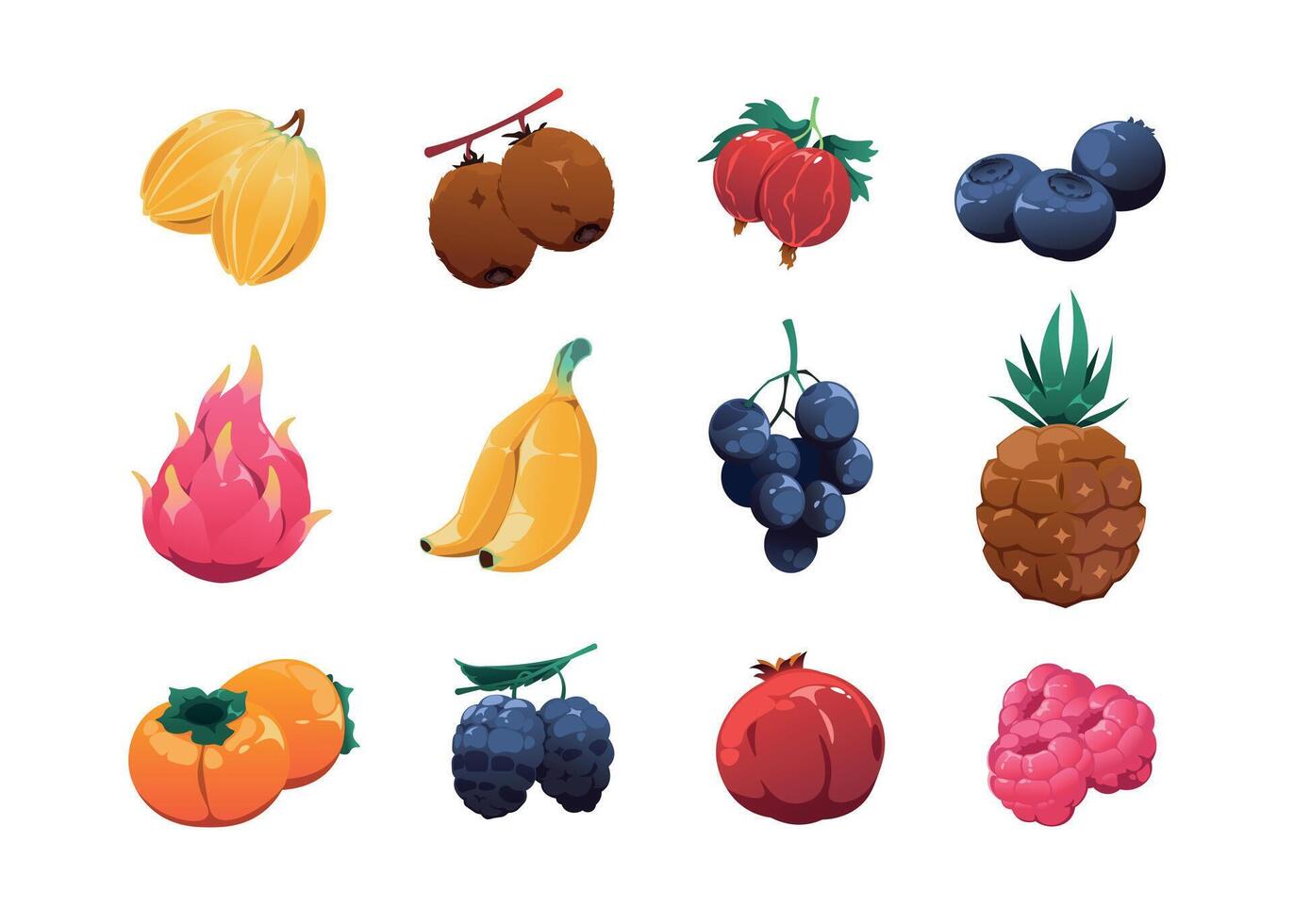 Karikatur Früchte Sammlung. höchst detailliert 2d Spiel Anlagegut mit Süss organisch Snacks, Kiwi Stachelbeere Traube Ananas Granatapfel Himbeere. Vektor isoliert einstellen