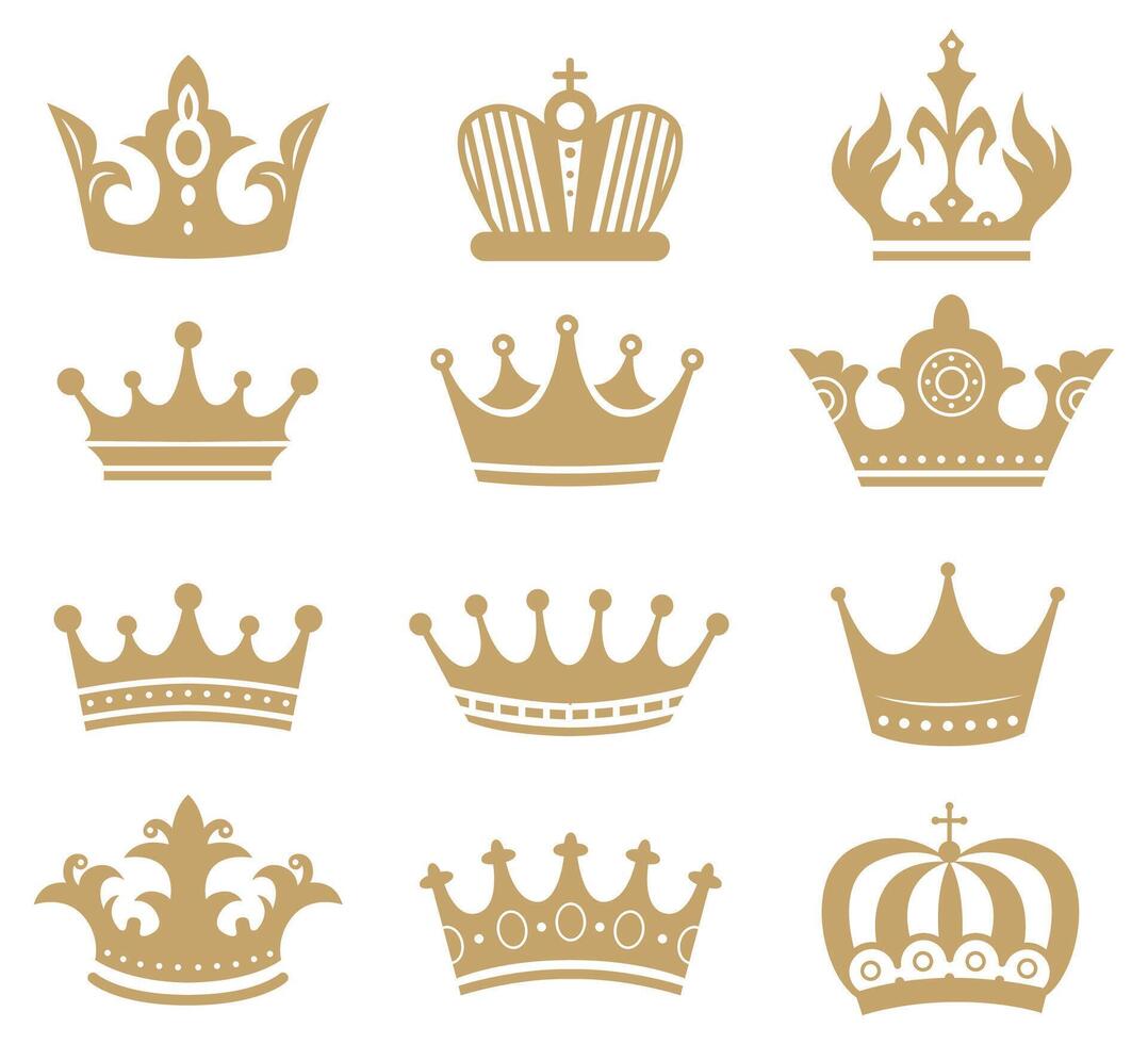 Gold Krone Silhouette. königlich König und Königin Elemente isoliert auf Weiß. Monarch Schmuck, Diadem oder Tiara zum Prinzessin vektor