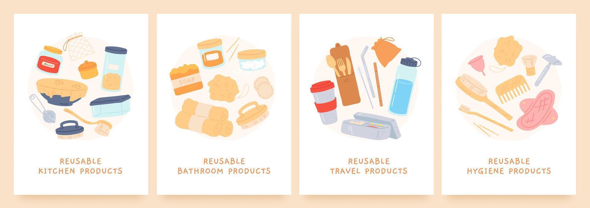återanvändbar Produkter. noll avfall hållbar objekt för kök, badrum, hygien och resa. eco vänlig. minska plast förorening vektor begrepp