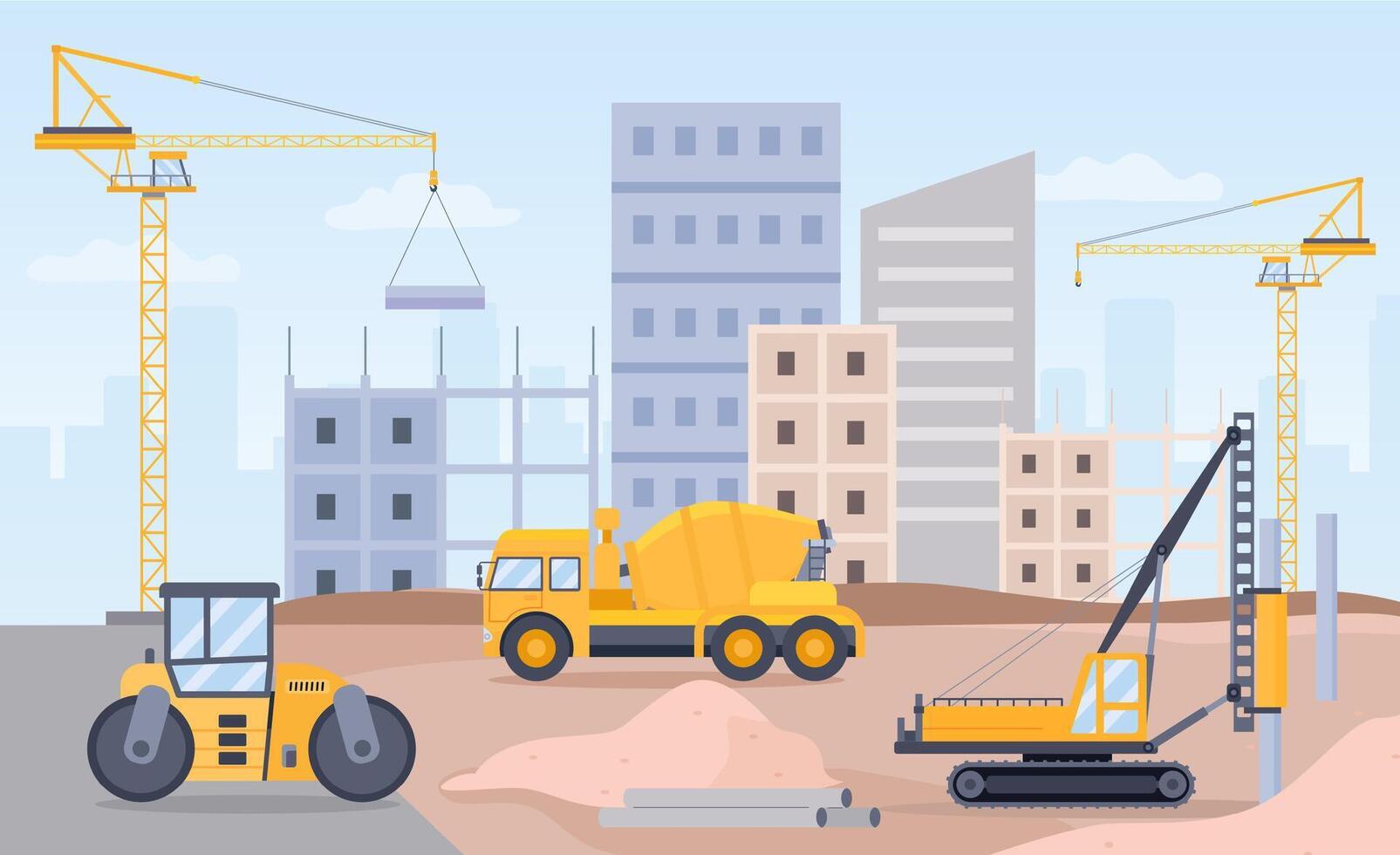 Konstruktion Seite? ˅. Landschaft von Gebäude Prozess mit Kran, Bulldozer, Bagger und Beton Rührgerät Maschine. Stadt bauen eben Vektor Konzept