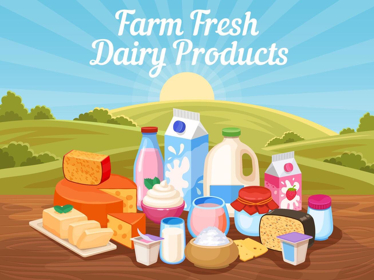 bruka färsk mejeri Produkter. naturlig ko mjölk, ost och yoghurt i lantlig landskap med landsbygden fält. by organisk mat vektor affisch