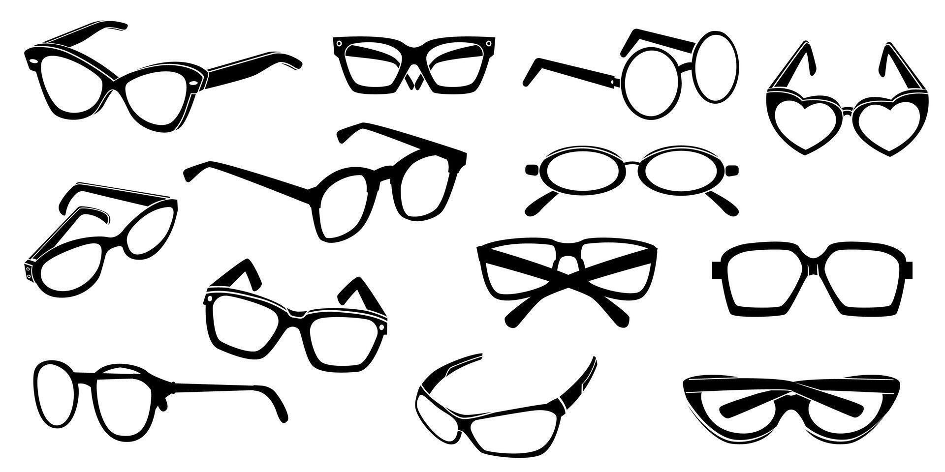 solglasögon silhuett. svart glasögon ikoner annorlunda former, mode glasögon klassisk retro hipster nörd stil, Sol skydd begrepp. vektor uppsättning