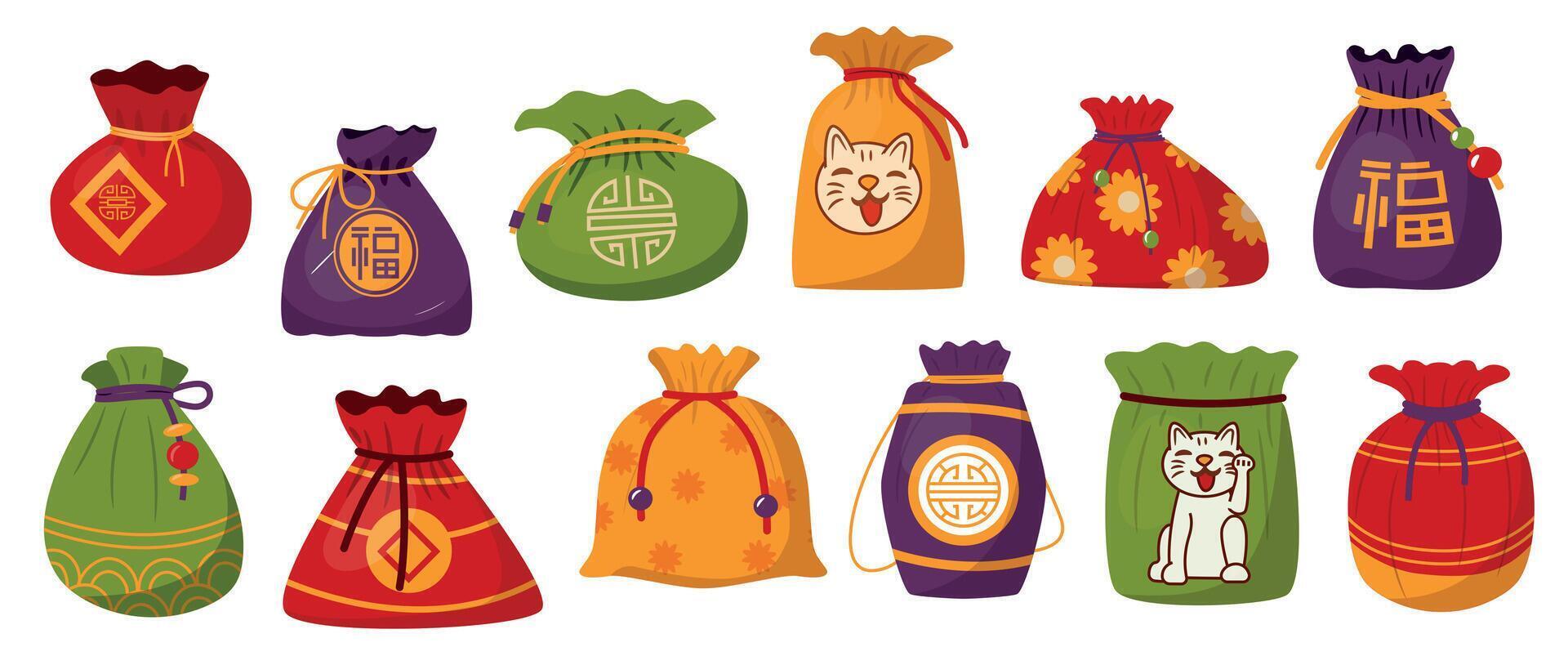 Glücklich Taschen. süß traditionell asiatisch Geschenk mit Bänder, Urlaub Festival asiatisch bunt Geschenk Taschen, dekoriert mit Koreanisch Symbole. Vektor einstellen