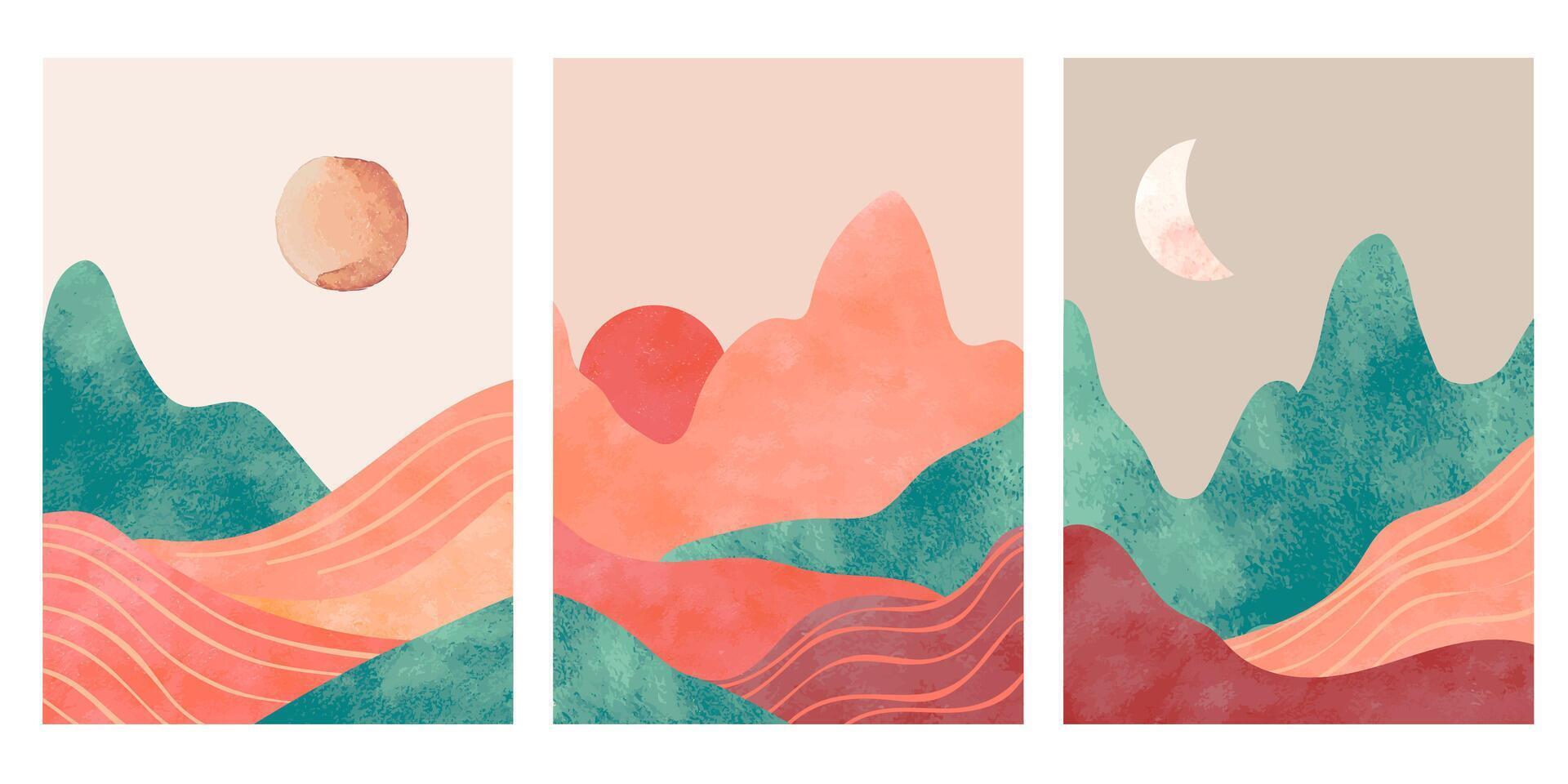 abstrakt Berge. ästhetisch minimalistisch Landschaft mit Wüste, Berg ein Sonne oder Mond. Aquarell und Papier texturiert drucken, Vektor Plakate