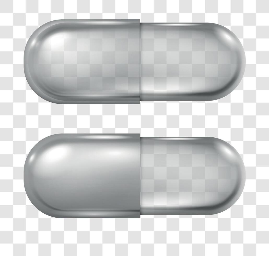 realistisk tömma transparent apotek kapsel piller mockup. antibiotikum, medicin eller vitamin läkemedel läsplatta. medicinsk smärta lättnad piller vektor uppsättning