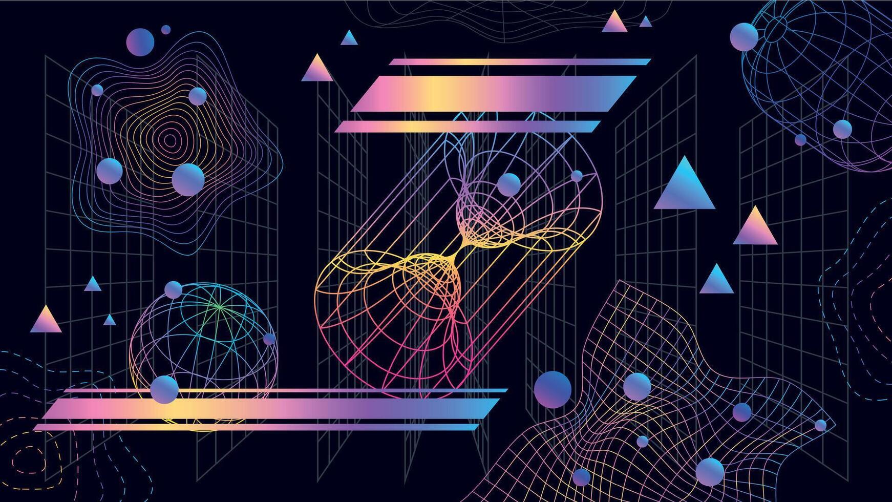 neo trogen abstrakt bakgrund med 3d nät och former. neon trådmodell grafisk retro cyber design. 90s spel teknologi vektor baner