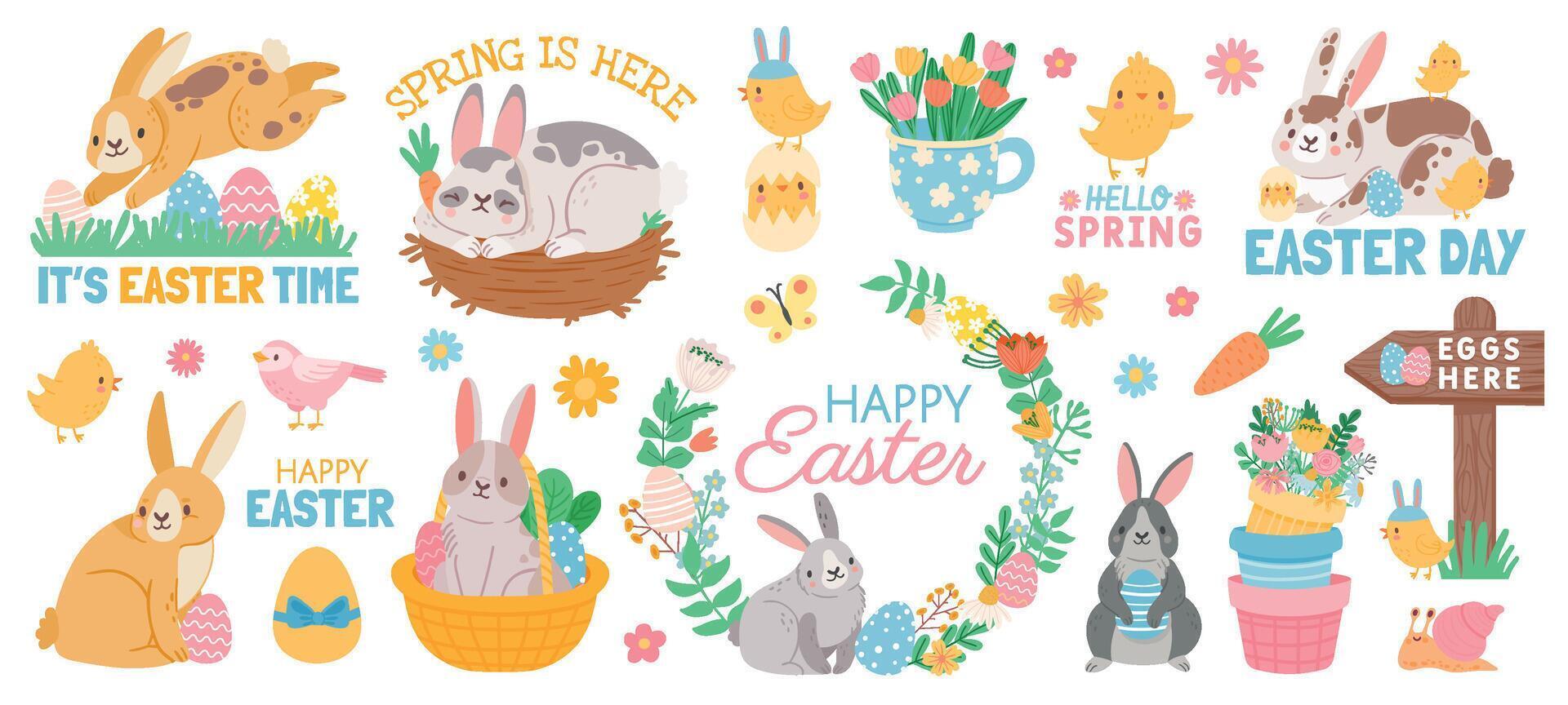 Frühling Ostern süß Tier Zeichen und Garten Elemente. Karikatur Ostern Hase mit Eier im Korb, Blumen, Hühner und Vögel Vektor einstellen