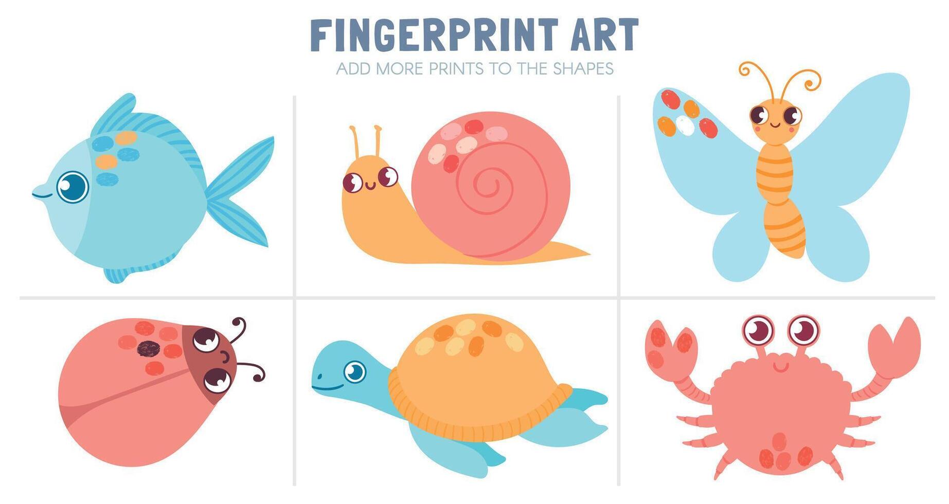 Finger druckt Kind Aktivität. Arbeitsblatt Färbung mit Fingerabdruck Kunst - - Schmetterling, Fisch, Schnecke und Schildkröte. Vektor Spaß Spiel zum Vorschule Kind