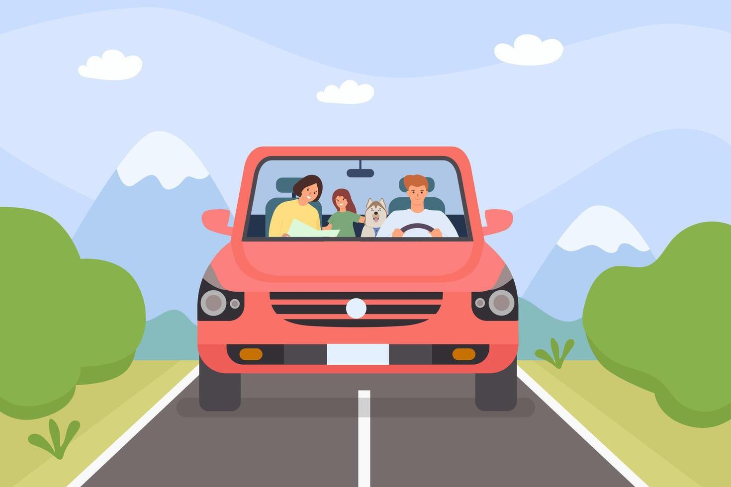 familj i bil. föräldrar, unge och sällskapsdjur på helgen Semester väg resa. minibuss med människor. tecknad serie äventyr resa i fjäll, vektor begrepp