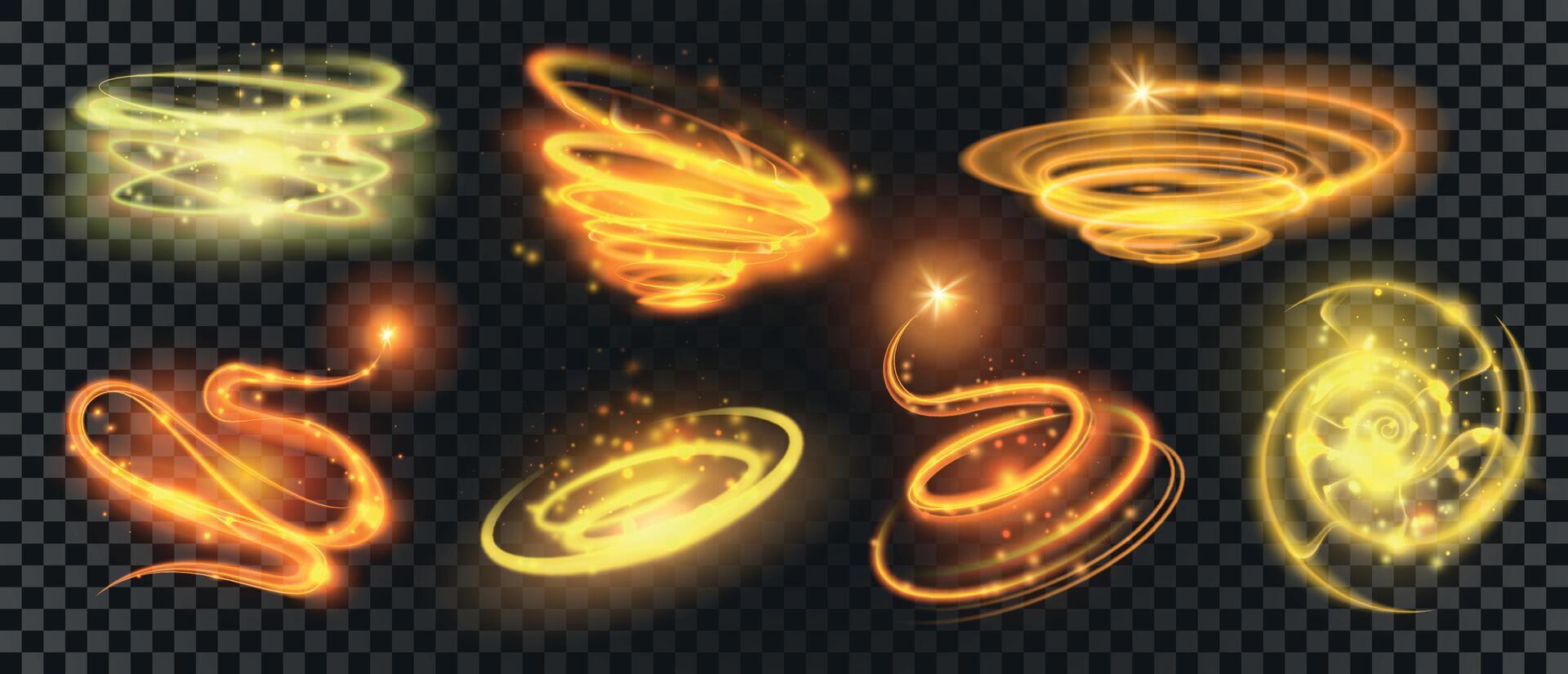 skinande guld magi spiraler och cirklar med gnistra damm. glöd glitter virvlar runt. skytte stjärna med rörelse effekt. magi ljus spår vektor uppsättning