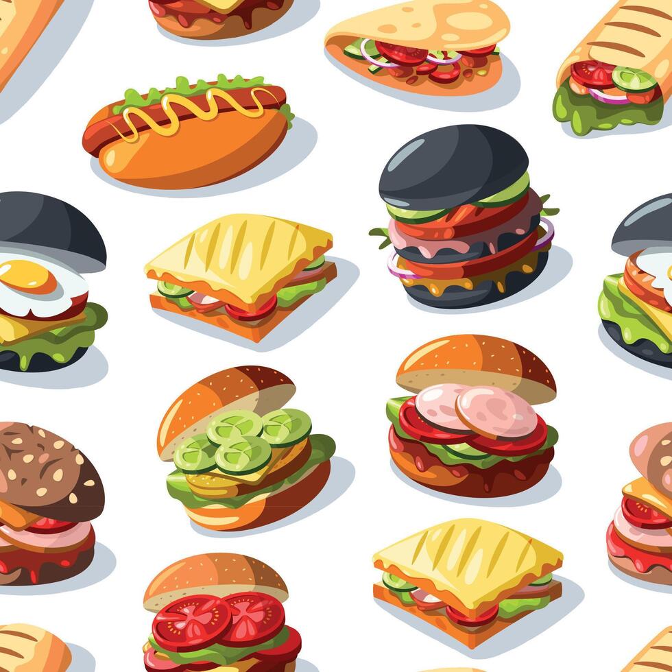 burger smörgås mönster. sömlös skriva ut av snabb mat smörgåsar, hamburgare med ost tomat sallad lök bbq sås och salt. vektor illustration