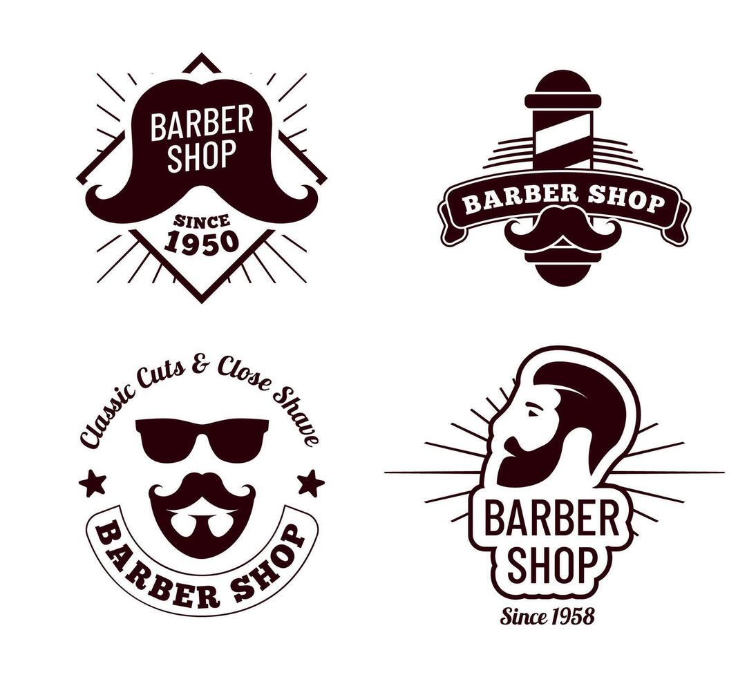 årgång barberare märken. salong för herre frisyr gammal tecken. manlig ansikte med hipster mustasch eller skägg logotyp vektor