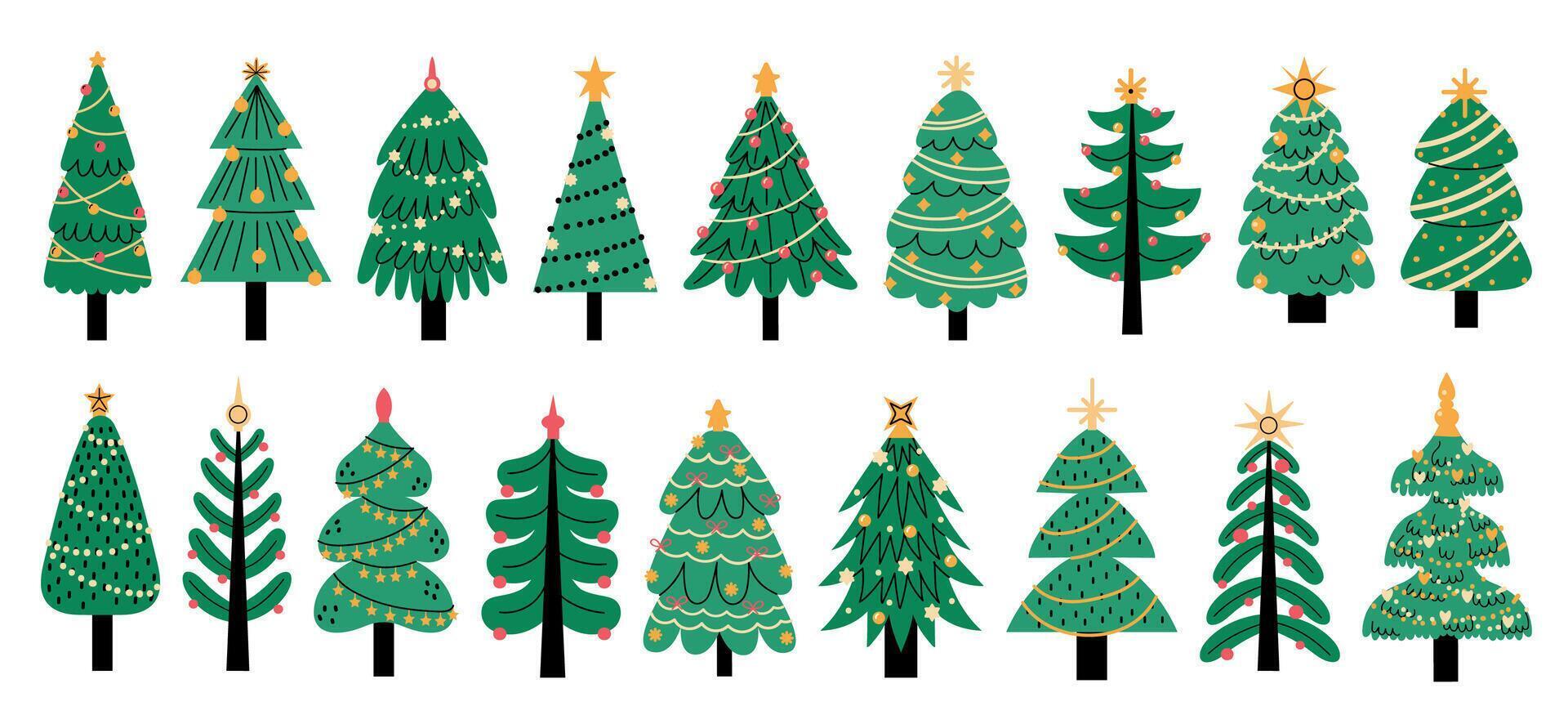jul träd. söt färgrik ny år dekoration, traditionell xmas tallar med lampor krans stjärna för hälsning kort inbjudan baner. vektor uppsättning