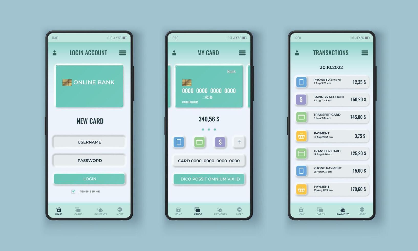 Neumorphismus Bank App Schnittstelle Design auf realistisch Smartphone Bildschirm. online Zahlung mit Anerkennung Karte. finanziell Anwendung Vektor Vorlage