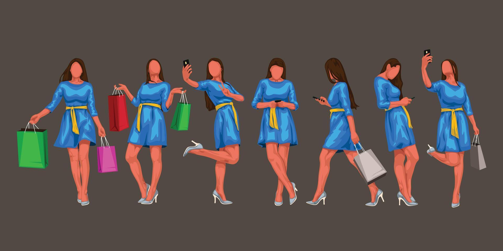 kvinna i blå klänning uppsättning vektor