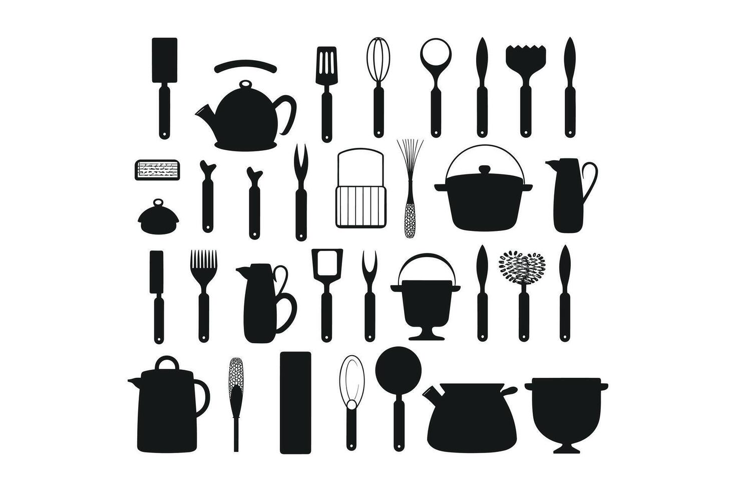 Silhouette von Küche Werkzeuge Vektor schwarz Elemente, neu, kreativ, Restaurant Werkzeuge Silhouette, Vektor Zubehörteil Hotel