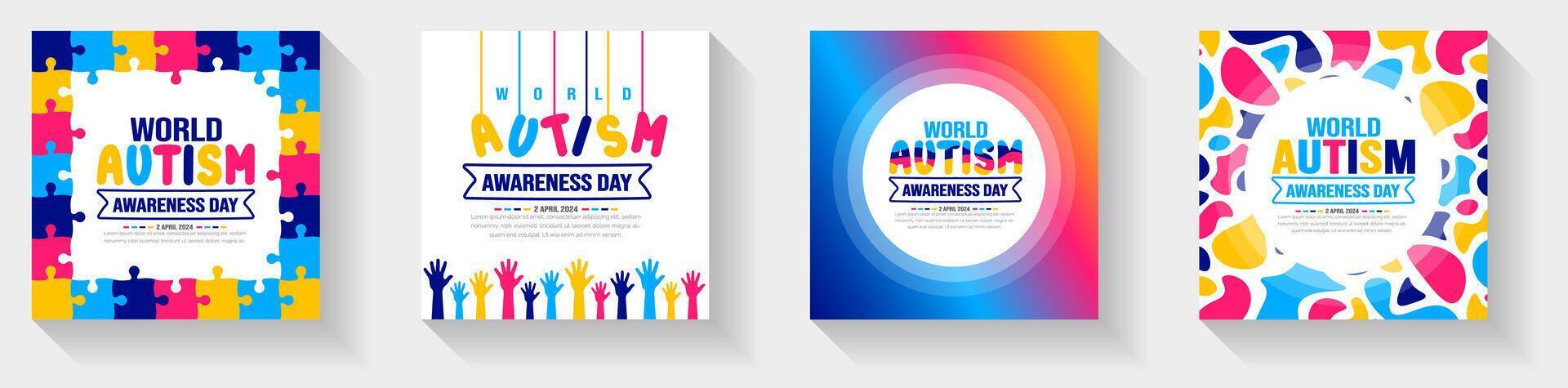 värld autism medvetenhet dag typografi klistermärke eller social media posta baner design mall uppsättning berömd i 2 april. använda sig av till bakgrund, baner, kort, hälsning kort, affisch, bok omslag, plakat, ram. vektor