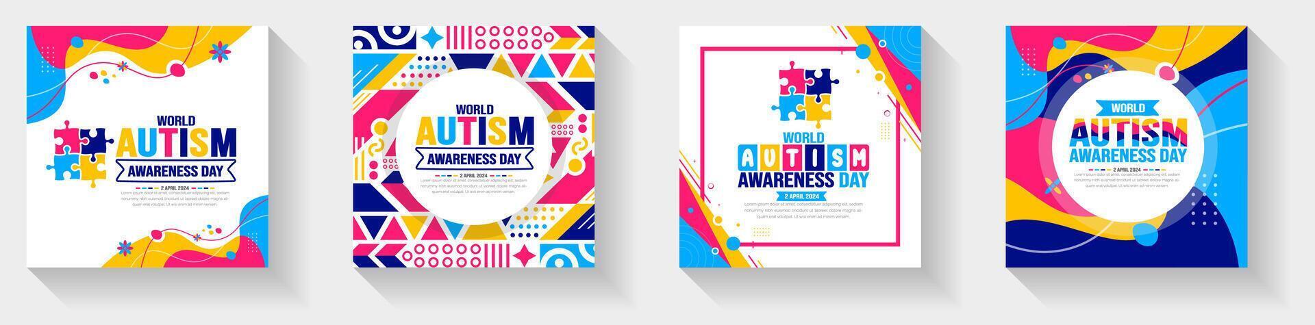 värld autism medvetenhet dag typografi klistermärke eller social media posta baner design mall uppsättning berömd i 2 april. använda sig av till bakgrund, baner, kort, hälsning kort, affisch, bok omslag, plakat, ram. vektor